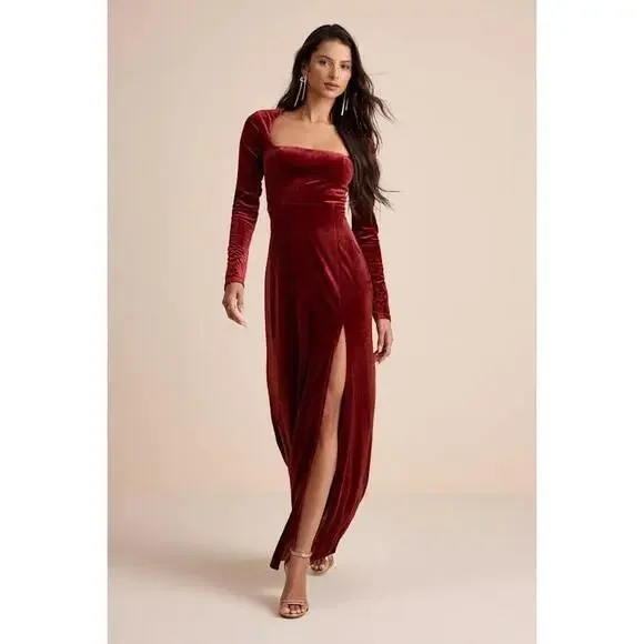 Lulus Lovely And Luminous Rust Velvet Long Sleeve Column Maxi Dress - Picture 1 of 3